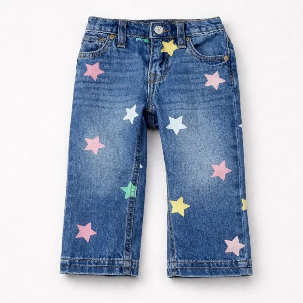 Baby GAP 90’s loose released hem multi star blue jeans adjustable waist 18/24 m